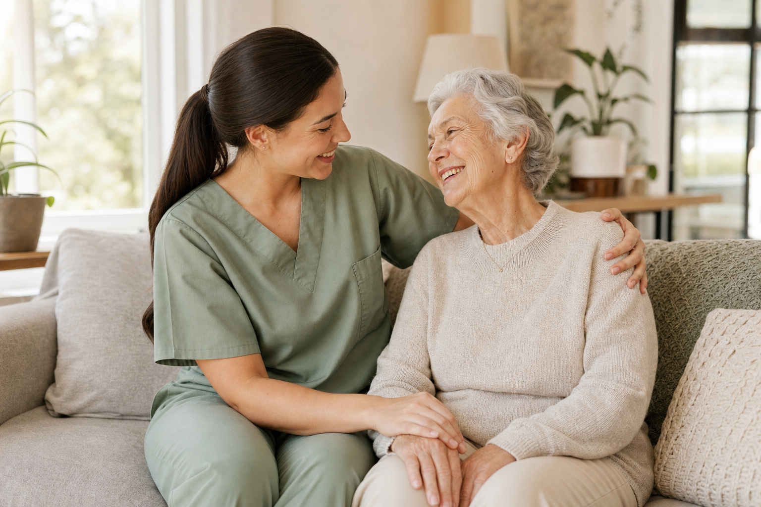 A compassionate caregiver sharing a warm moment with an elderly woman in a bright living room