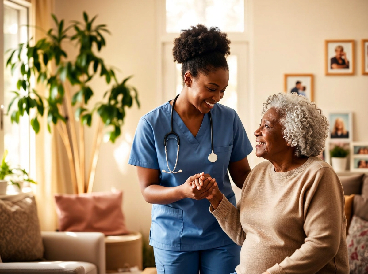 A home care nurse gently helping an elderly woman stand at home