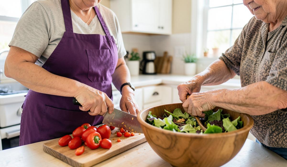Caregiver preparing a fresh, healthy meal with a client at home