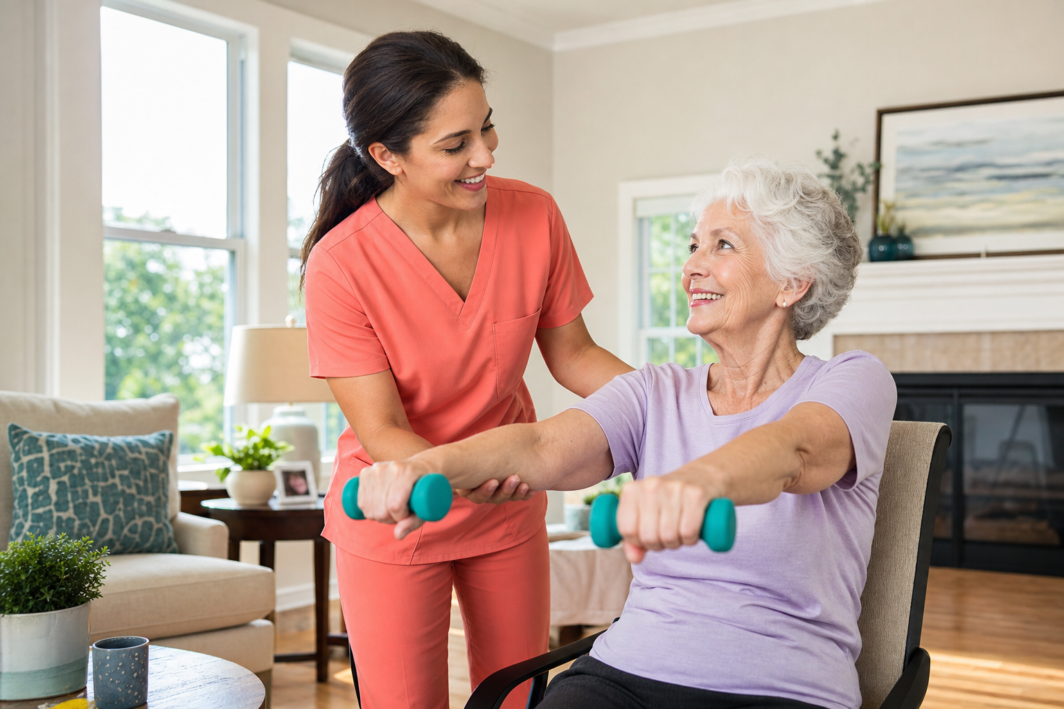 Caregiver helping an elderly woman with gentle exercise using light weights