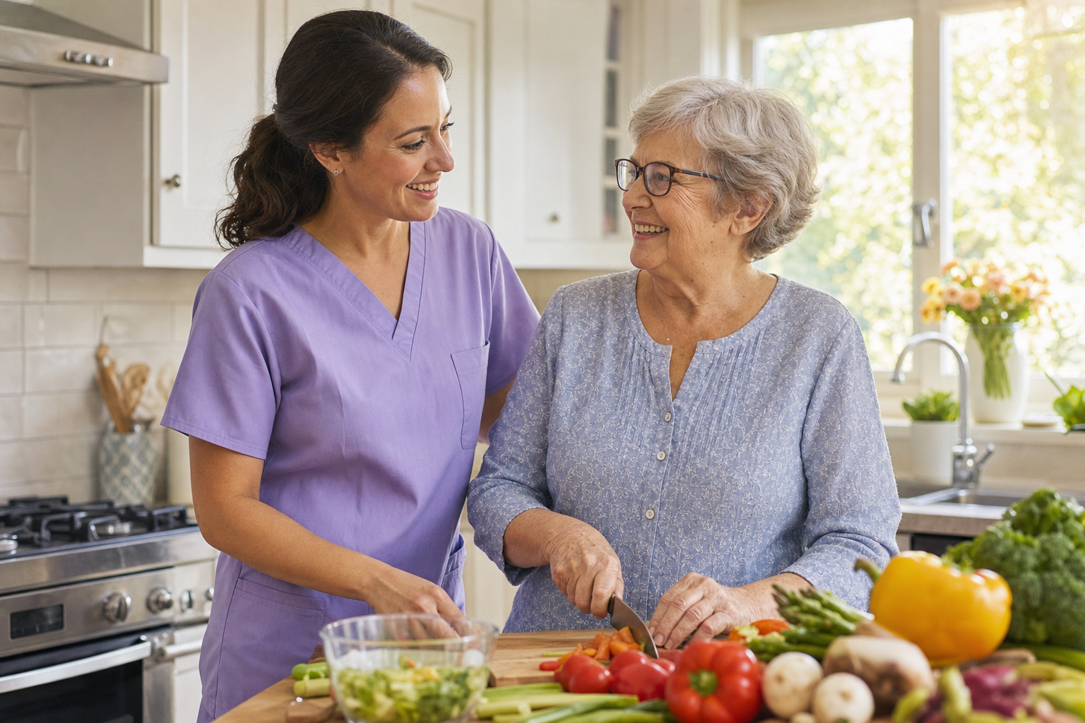 Caregiver and elderly woman preparing a healthy meal together in a bright kitchen