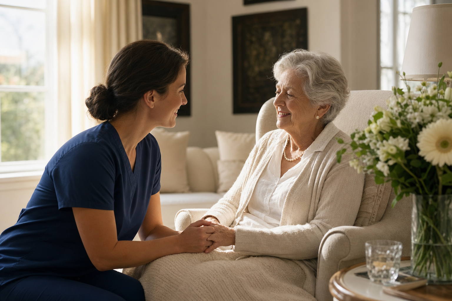 Compassionate caregiver providing attentive personal care support in a client's home